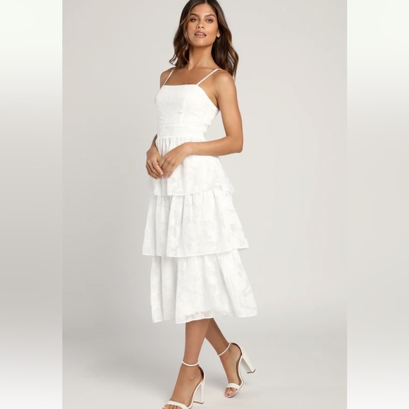 LULU’S Grace and Beauty White Burnout Floral Print Tiered Dress - Picture 1 of 5